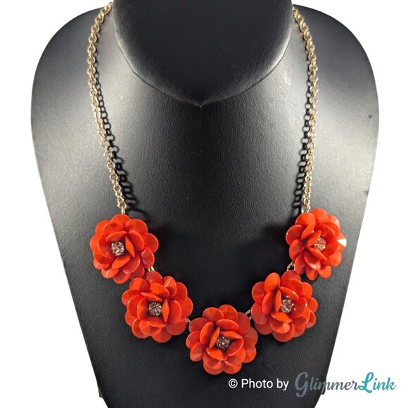 Red Orange Flower Cluster Statement Floral Bib Gold Tone Necklace - Picture 4 of 9